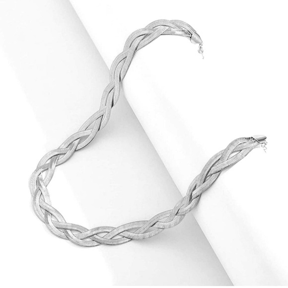 Braided Sterling Silver Herringbone Flat Snake Choker Necklace - Picture 3 of 5